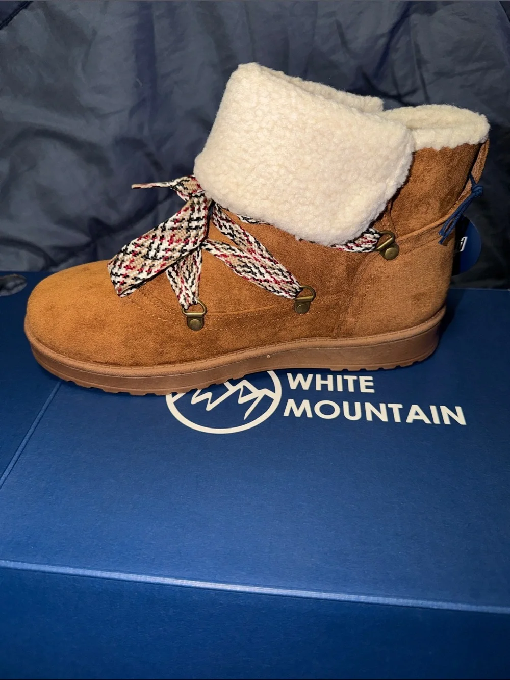 White Mountain Tan Faux-Suede Sherpa-Lined Ankle Boot with Braided Laces
